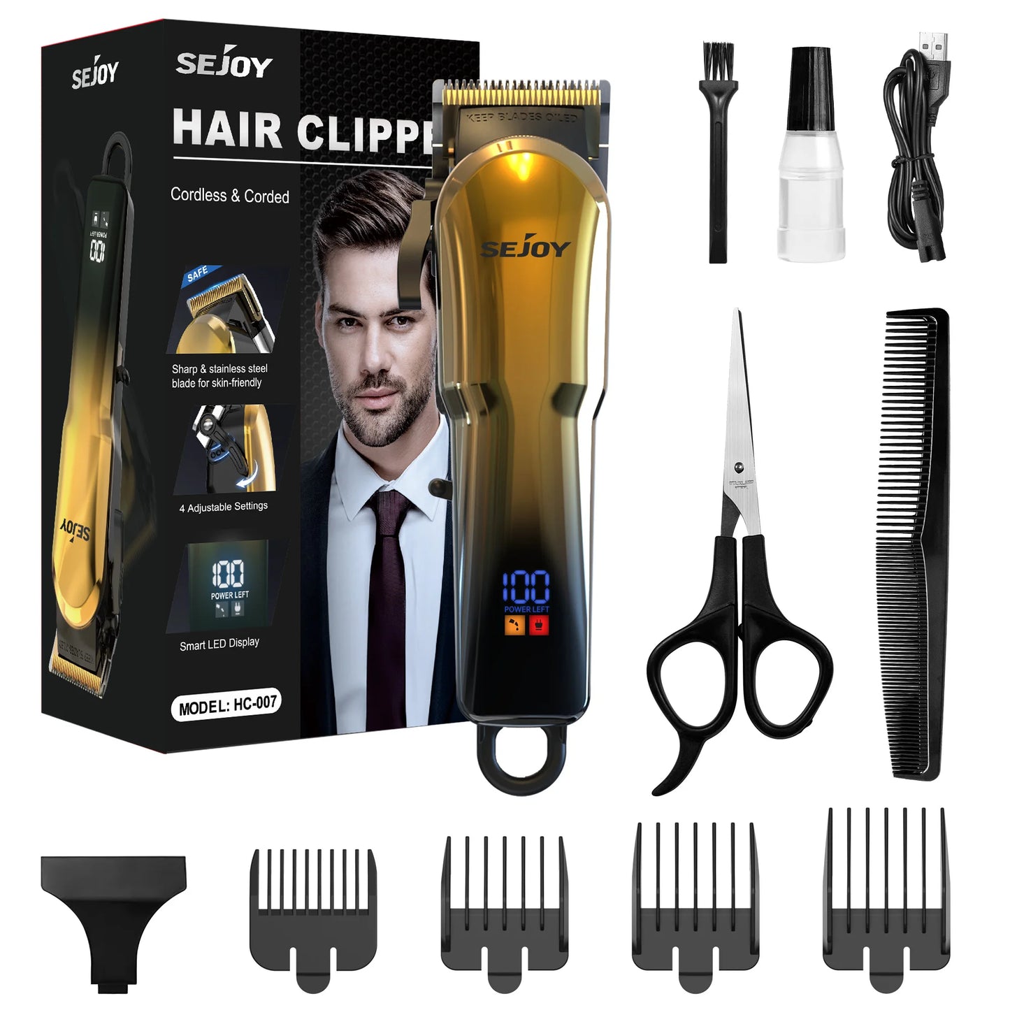 SEJOY Cordless Hair Trimmer for Men, Rechargeable Professional Clipper