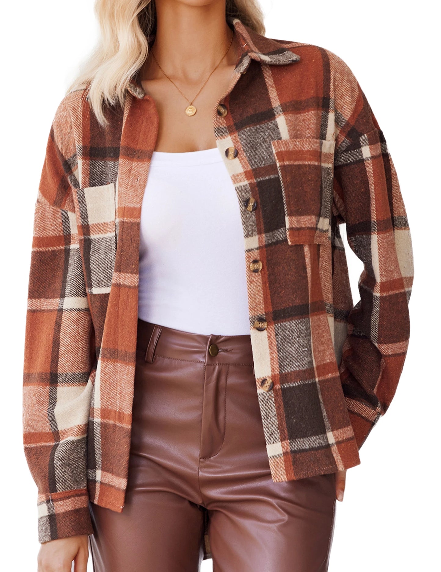 FANALACN Womens Chequered Shirt Jacket Long Sleeves Flannel Button Front