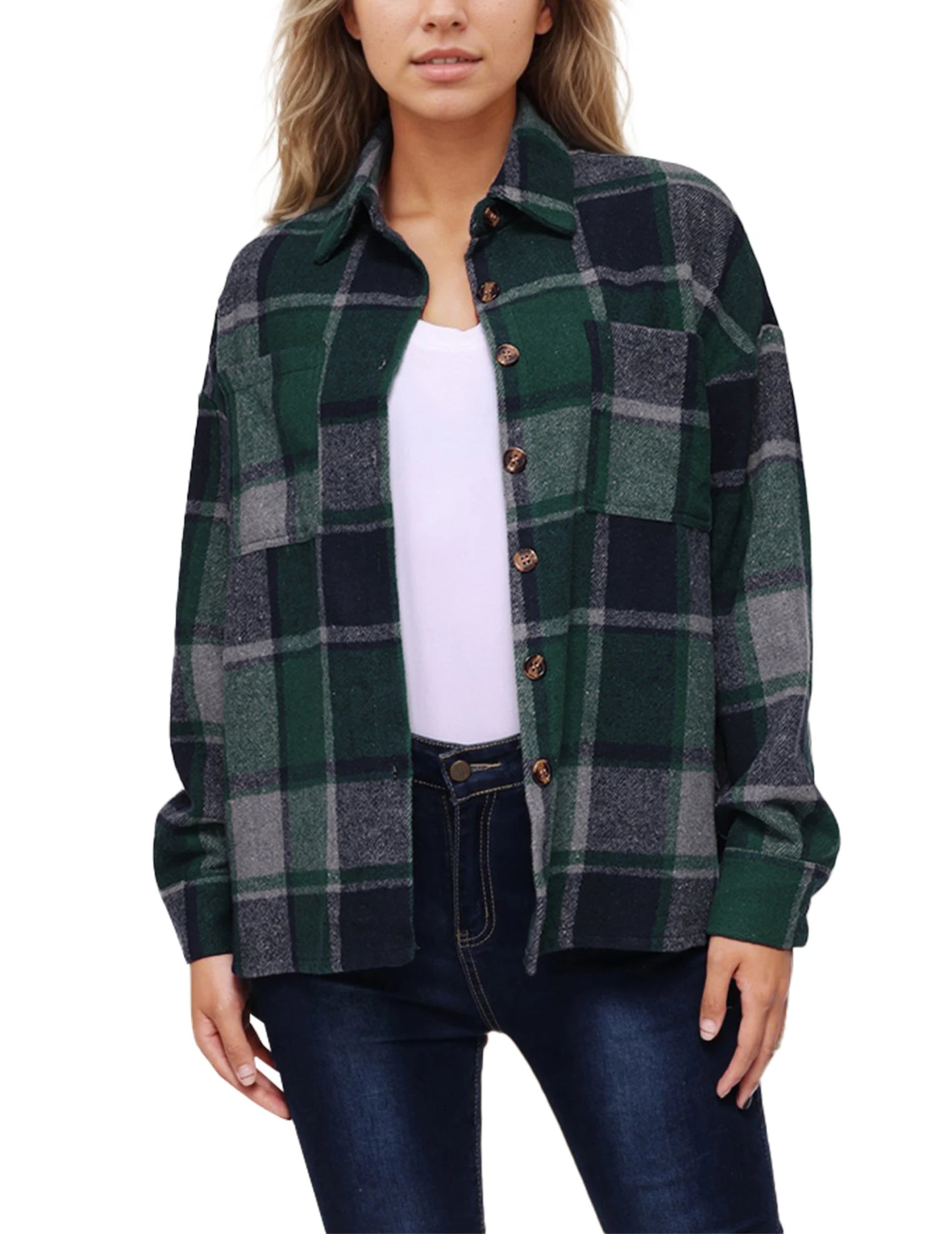 FANALACN Womens Chequered Shirt Jacket Long Sleeves Flannel Button Front