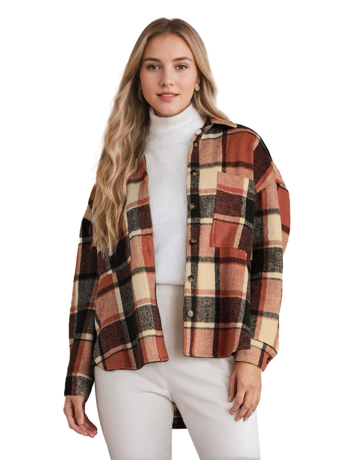 FANALACN Womens Chequered Shirt Jacket Long Sleeves Flannel Button Front
