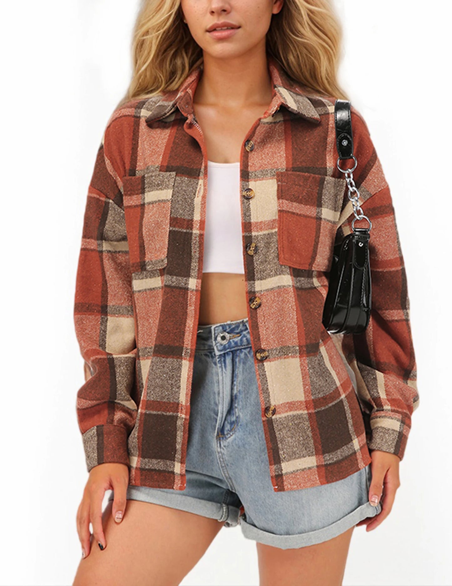 FANALACN Womens Chequered Shirt Jacket Long Sleeves Flannel Button Front