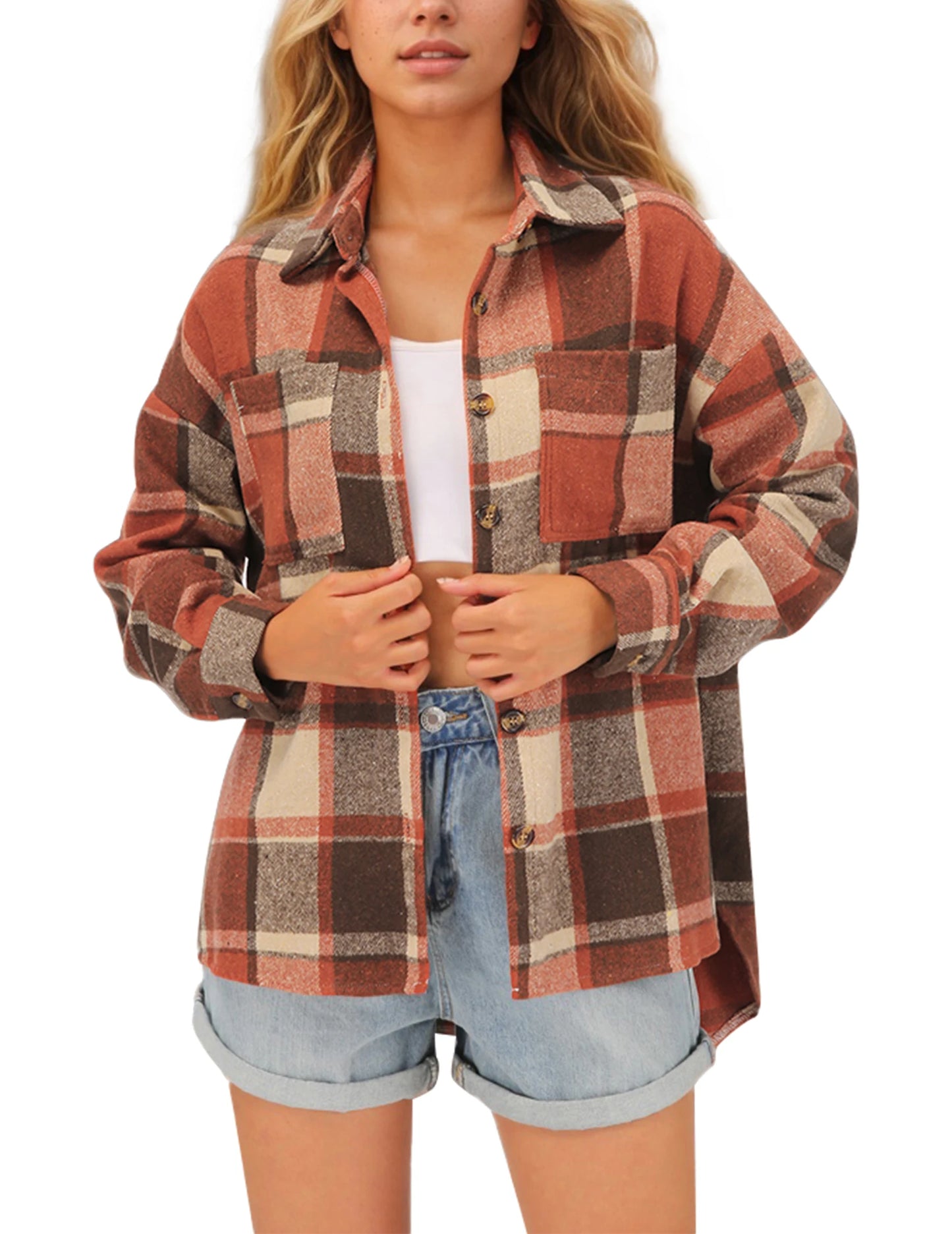 FANALACN Womens Chequered Shirt Jacket Long Sleeves Flannel Button Front
