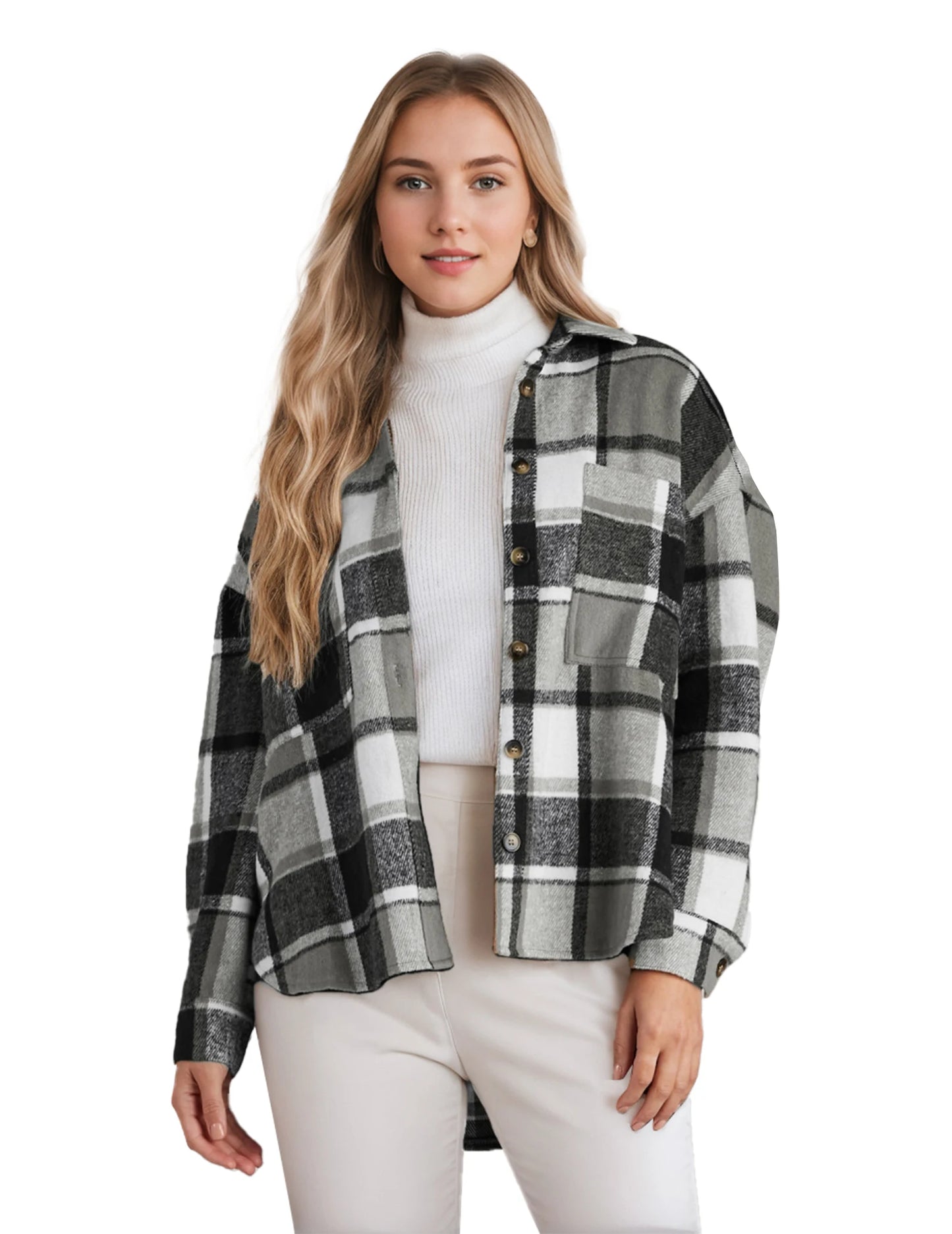 FANALACN Womens Chequered Shirt Jacket Long Sleeves Flannel Button Front