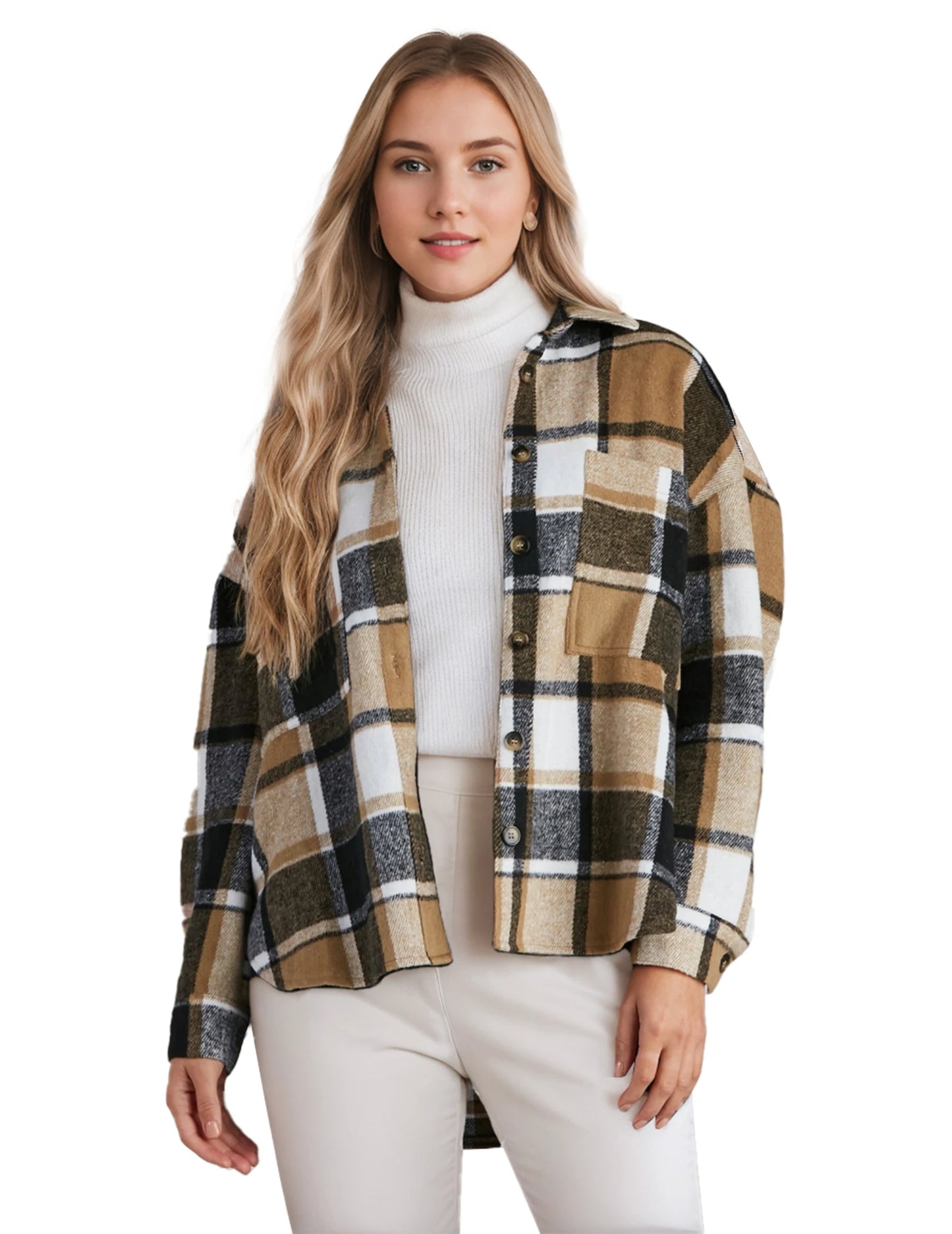 FANALACN Womens Chequered Shirt Jacket Long Sleeves Flannel Button Front