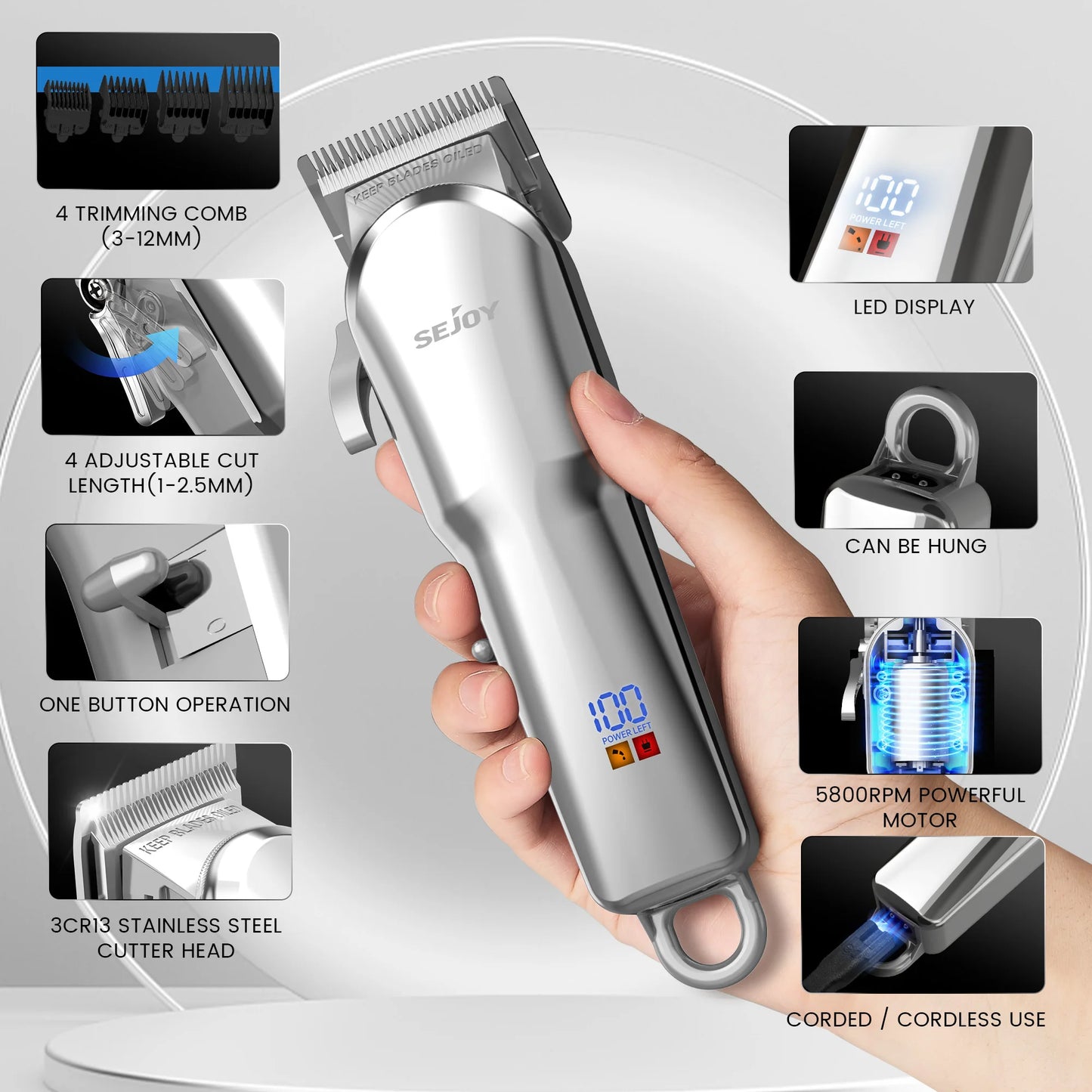SEJOY Cordless Hair Trimmer for Men, Rechargeable Professional Clipper