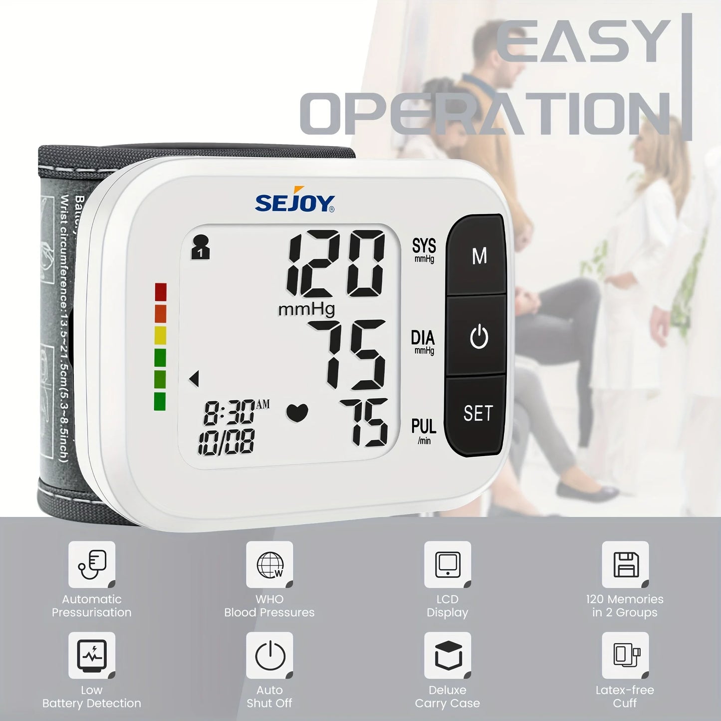 Sejoy Wrist Blood Pressure Monitor With Heartbeat Detection