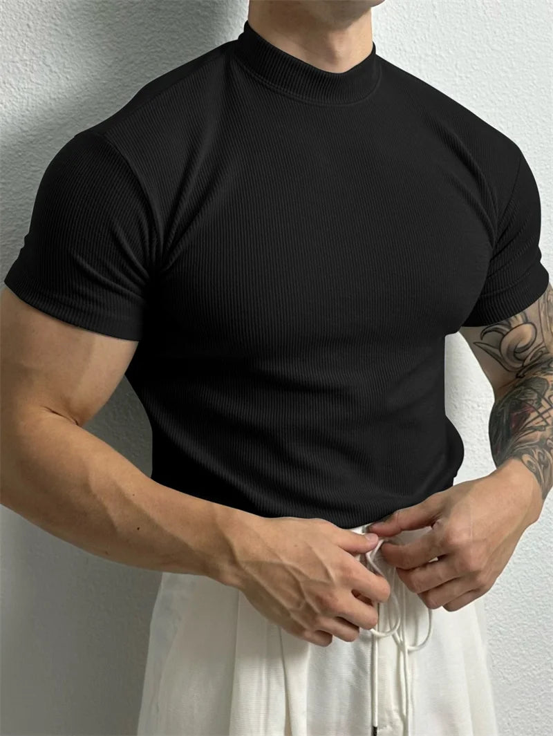 Mens High Collar Striped T Shirt Spring Summer Short Sleeve