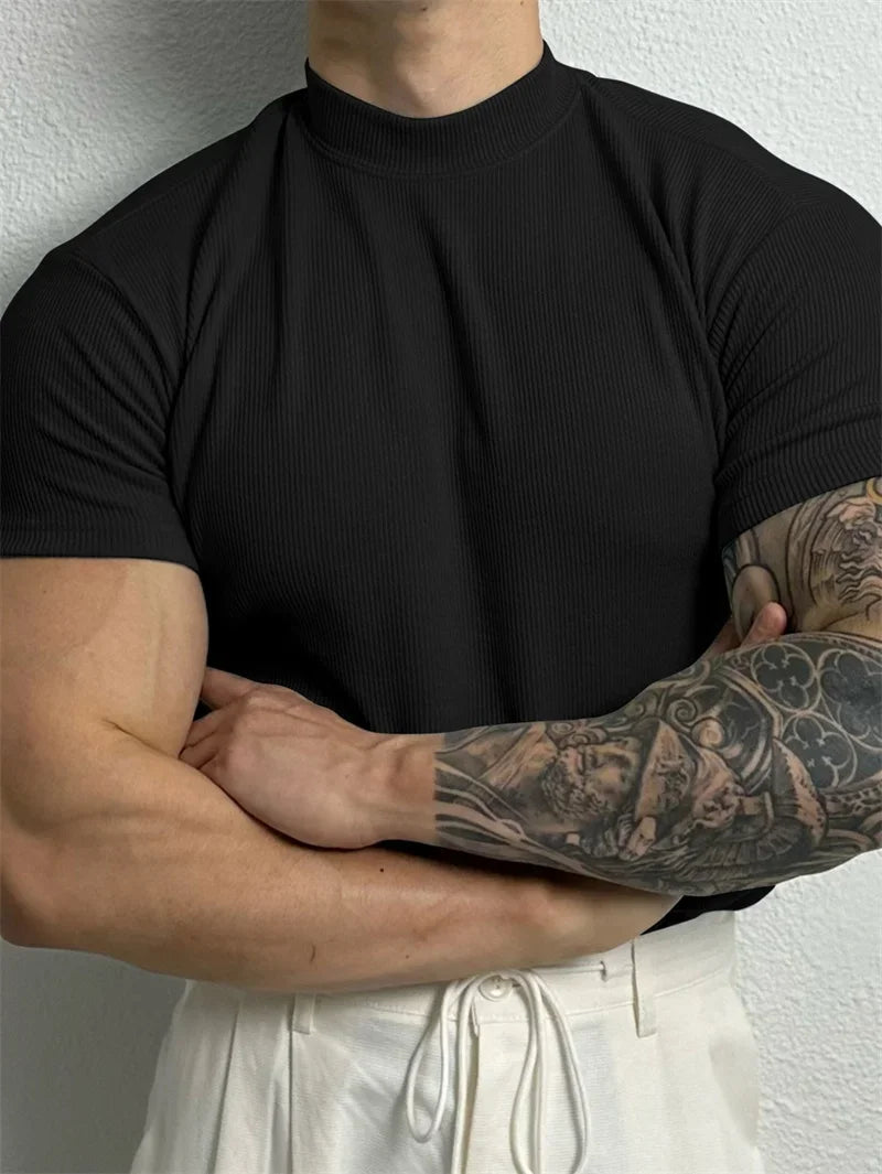 Mens High Collar Striped T Shirt Spring Summer Short Sleeve