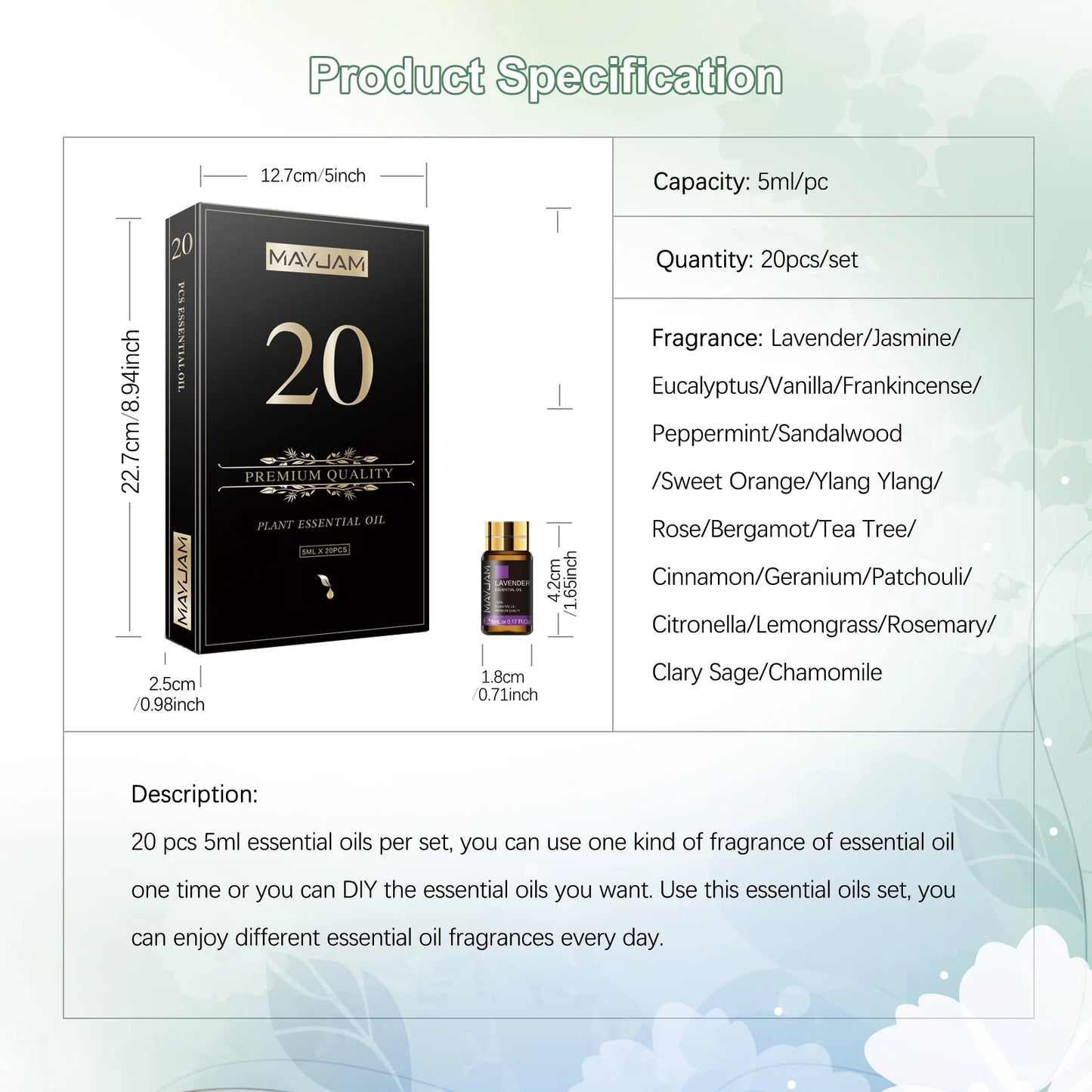 MAYJAM Essential Oils Kit Assorted Lavender Jasmine Eucalyptus Vanilla Sandalwood