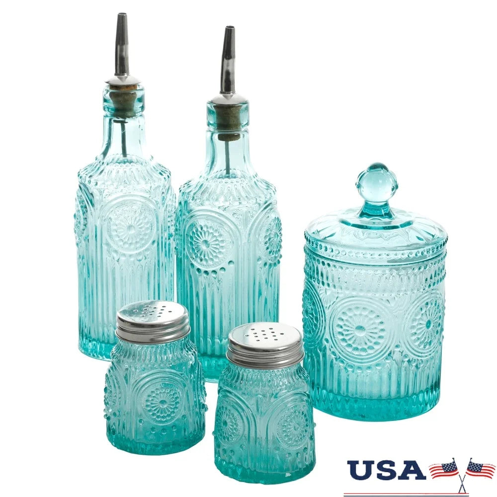Vintage Glass Oil Vinegar Condiment Set With Mini Jars