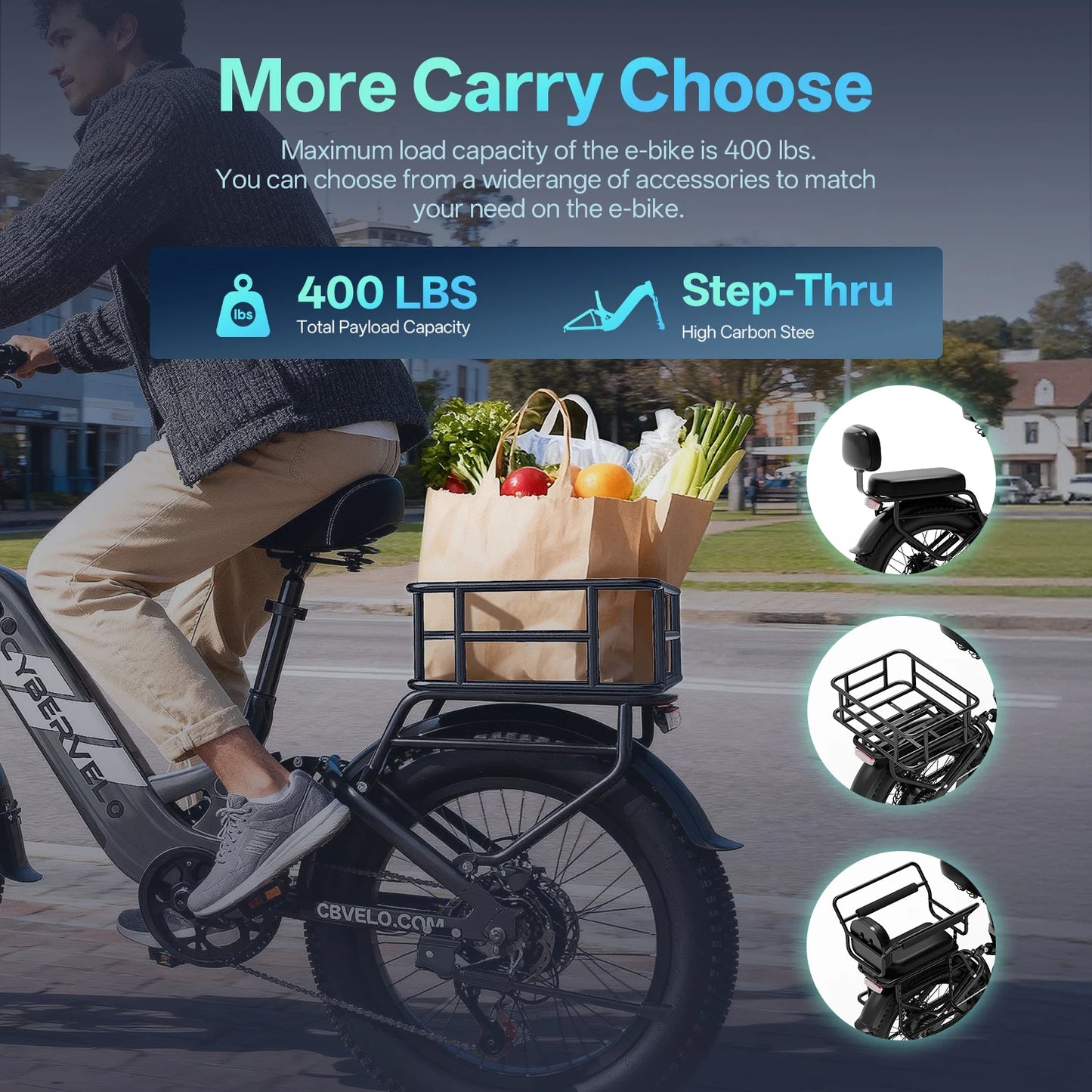 CYBERVELO Step Through Electric Bike 48V 20Ah Removable Battery 30 MPH 7 Speed