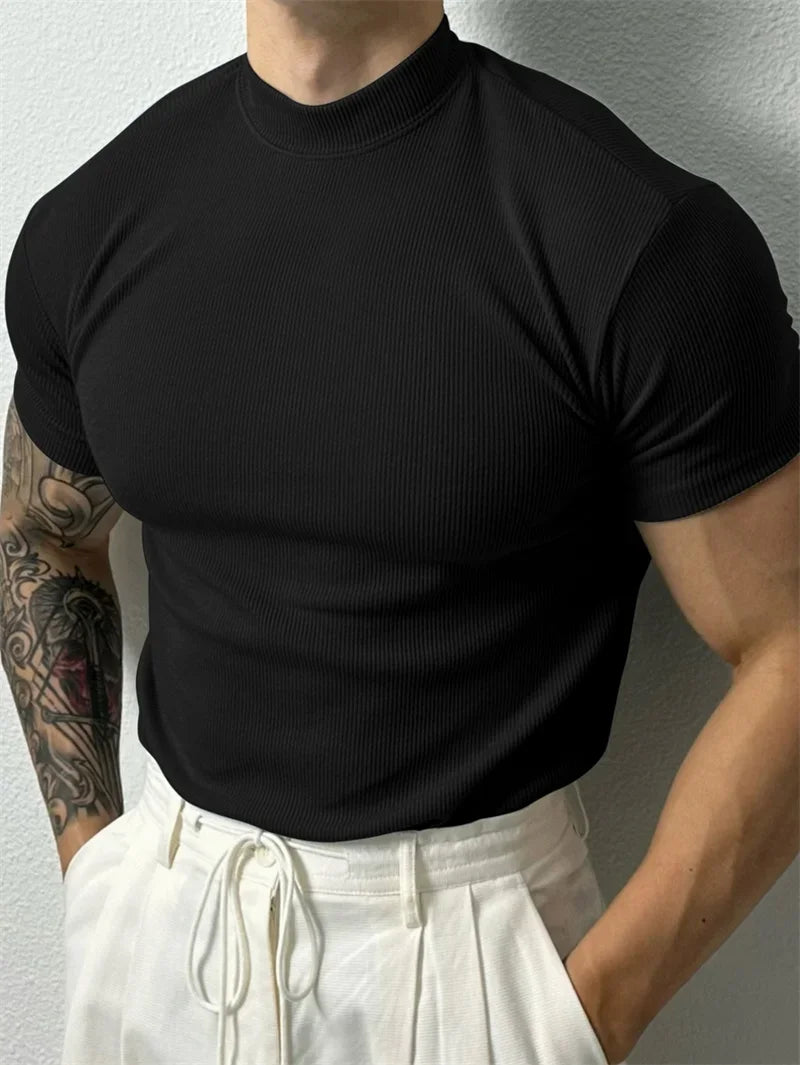 Mens High Collar Striped T Shirt Spring Summer Short Sleeve