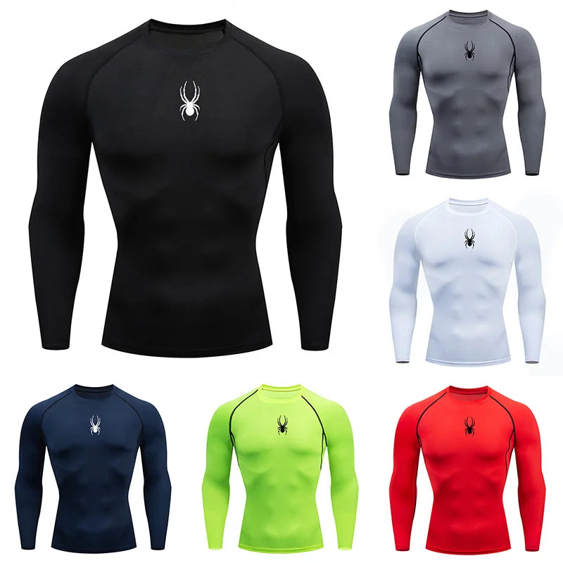 Mens Spider Graphic Dry Fit Long Sleeve Rashguard T Shirt For Gym Workout Running