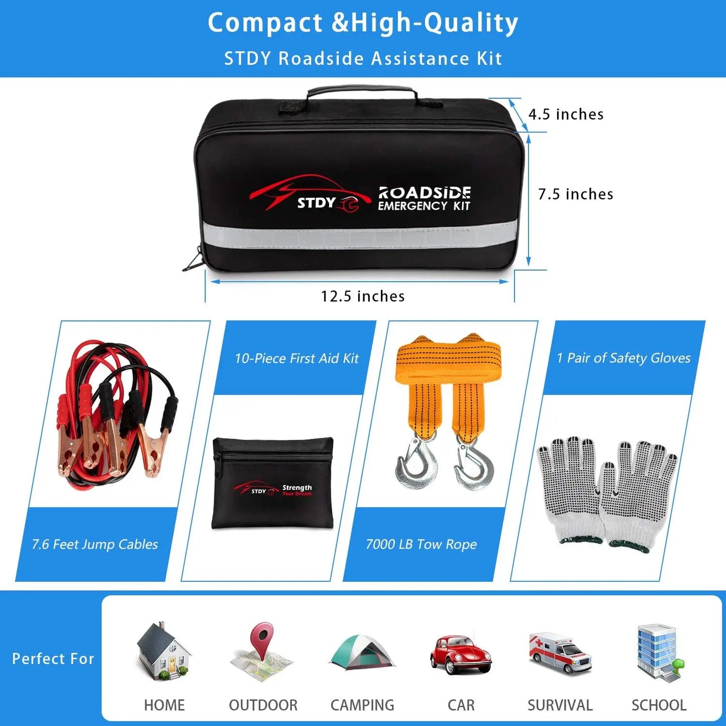 Complete Car Emergency Kit With Jumper Cables And First Aid