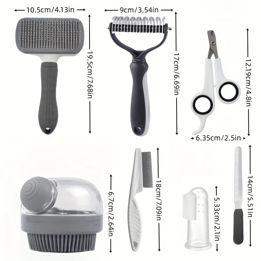 Dog Grooming Kit 8pc Self Cleaning Set With Nail Clippers