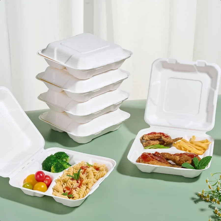 Jolly Chef Clamshell Takeout Containers Three Compartment Sugarcane