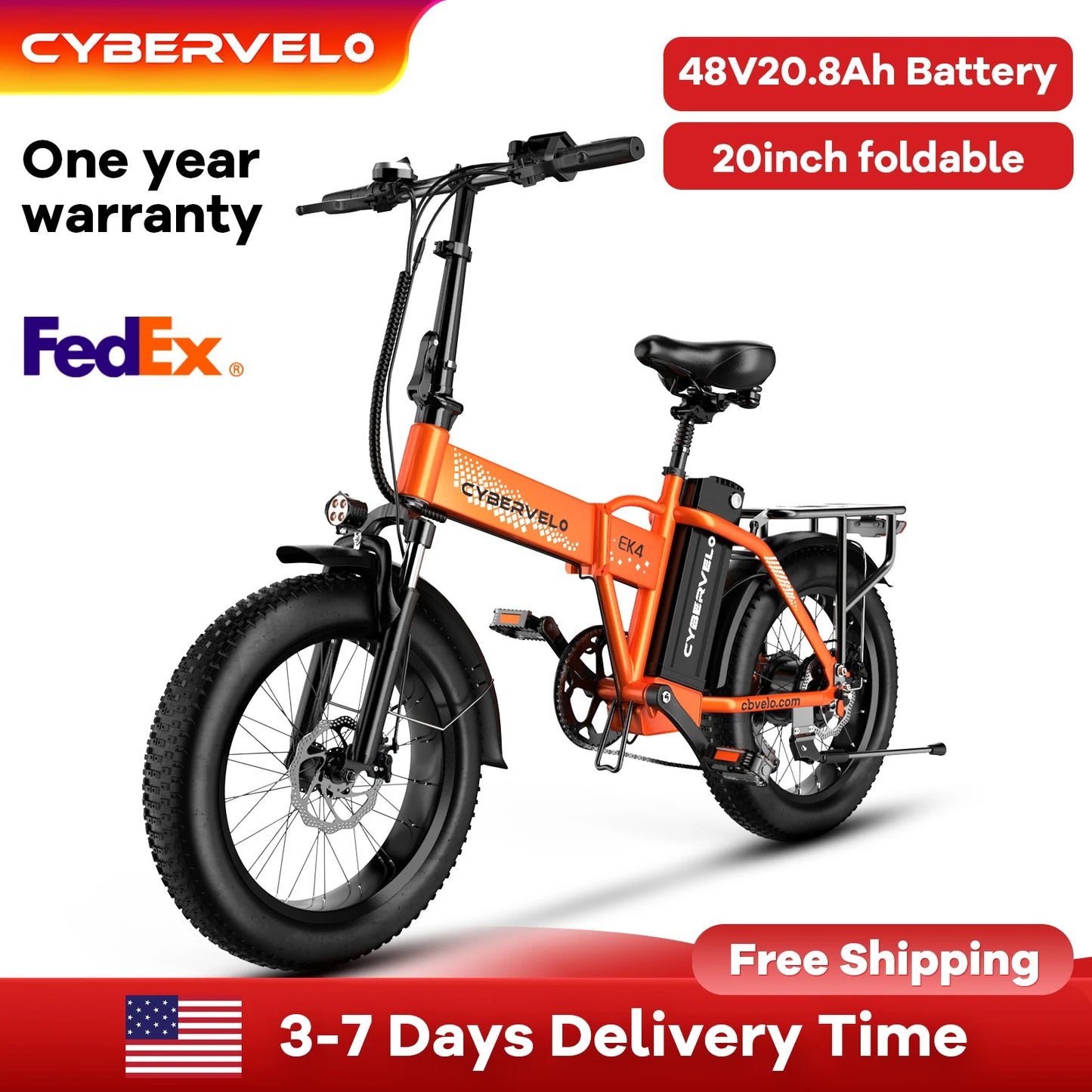 CYBERVELO 1000W Folding Electric Bike 48V 20Ah Removable Battery 80MileRange