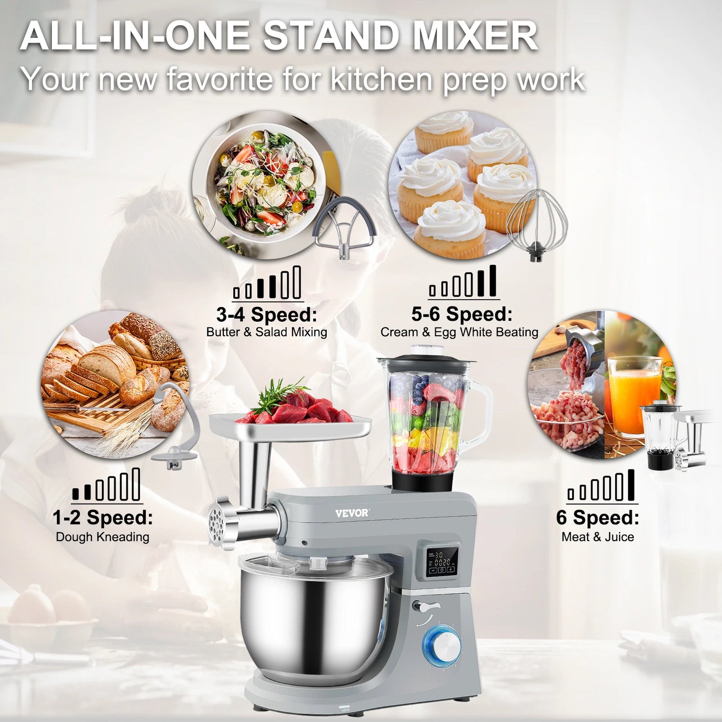 VEVOR 5 In 1 Stand Mixer With LCD StainlessSteel Bowl