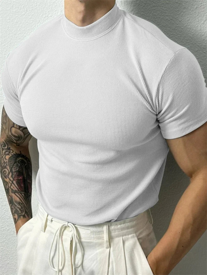 Mens High Collar Striped T Shirt Spring Summer Short Sleeve