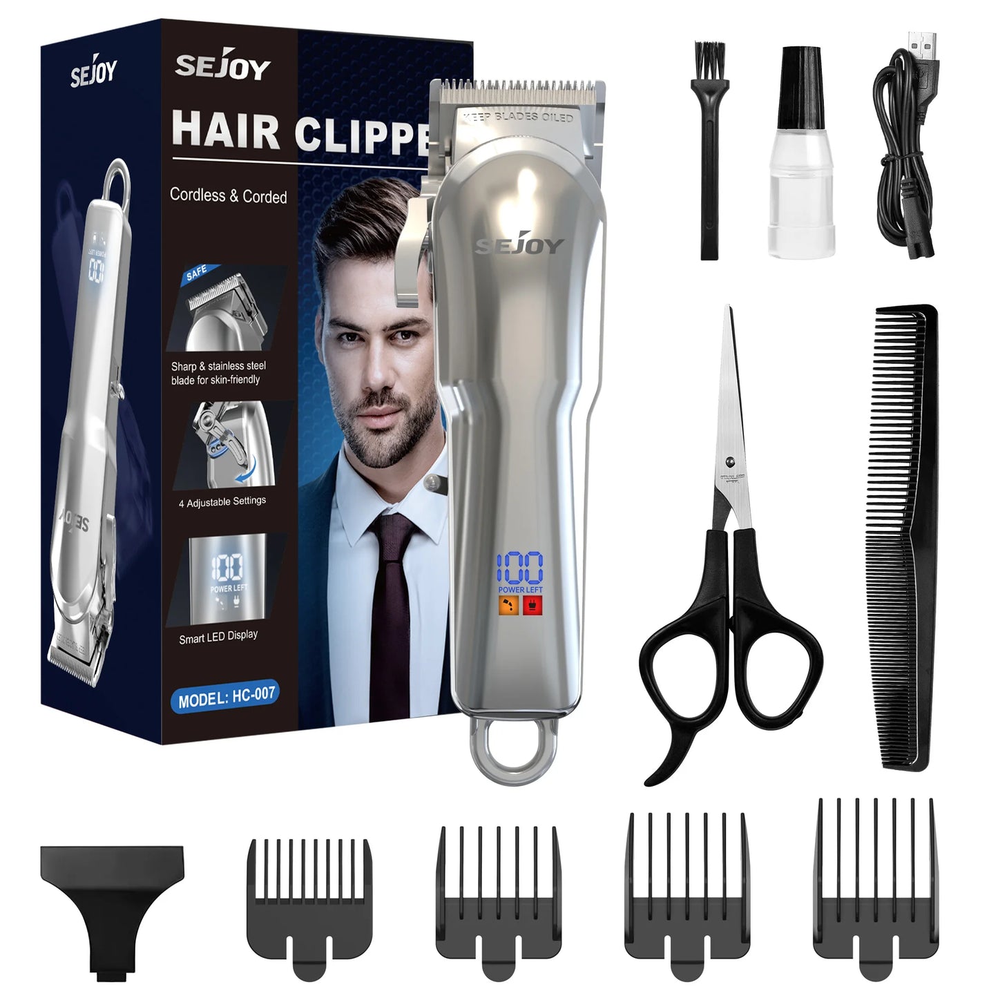 SEJOY Cordless Hair Trimmer for Men, Rechargeable Professional Clipper