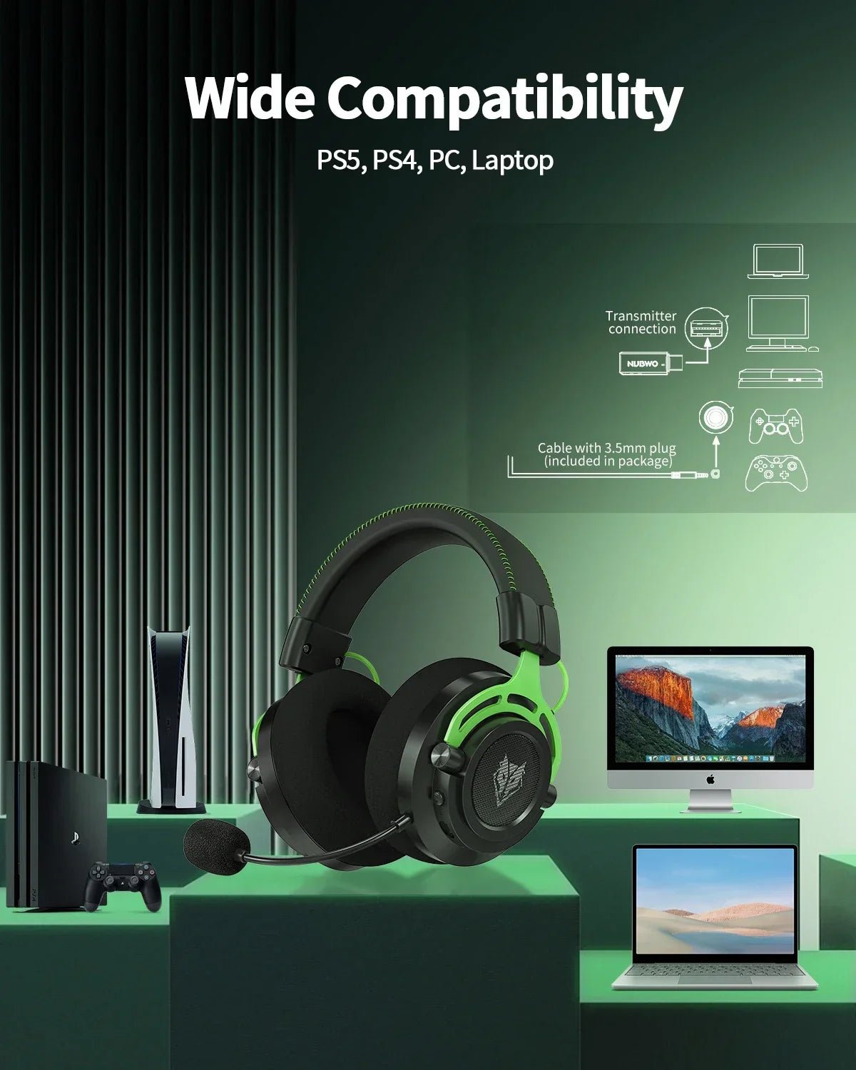 NUBWO G03 Wireless Gaming Headset With Dongle Noise Canceling Mic