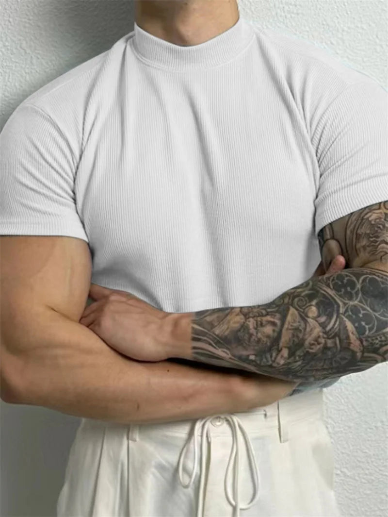 Mens High Collar Striped T Shirt Spring Summer Short Sleeve