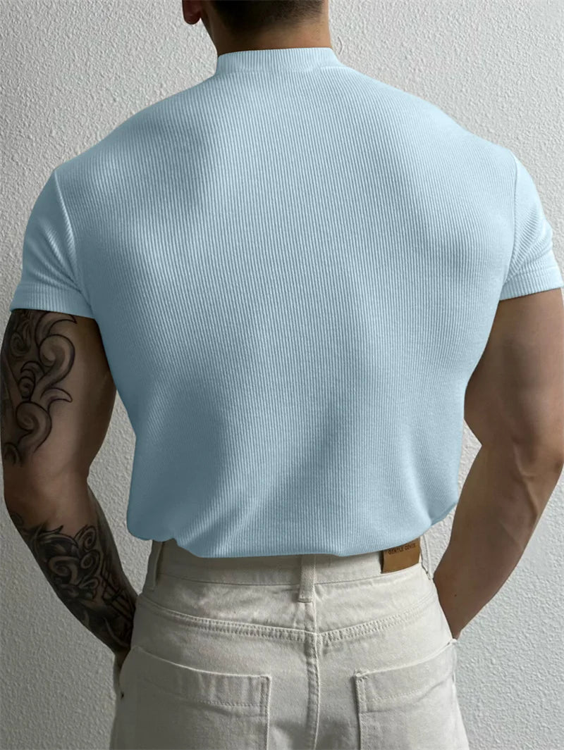 Mens High Collar Striped T Shirt Spring Summer Short Sleeve