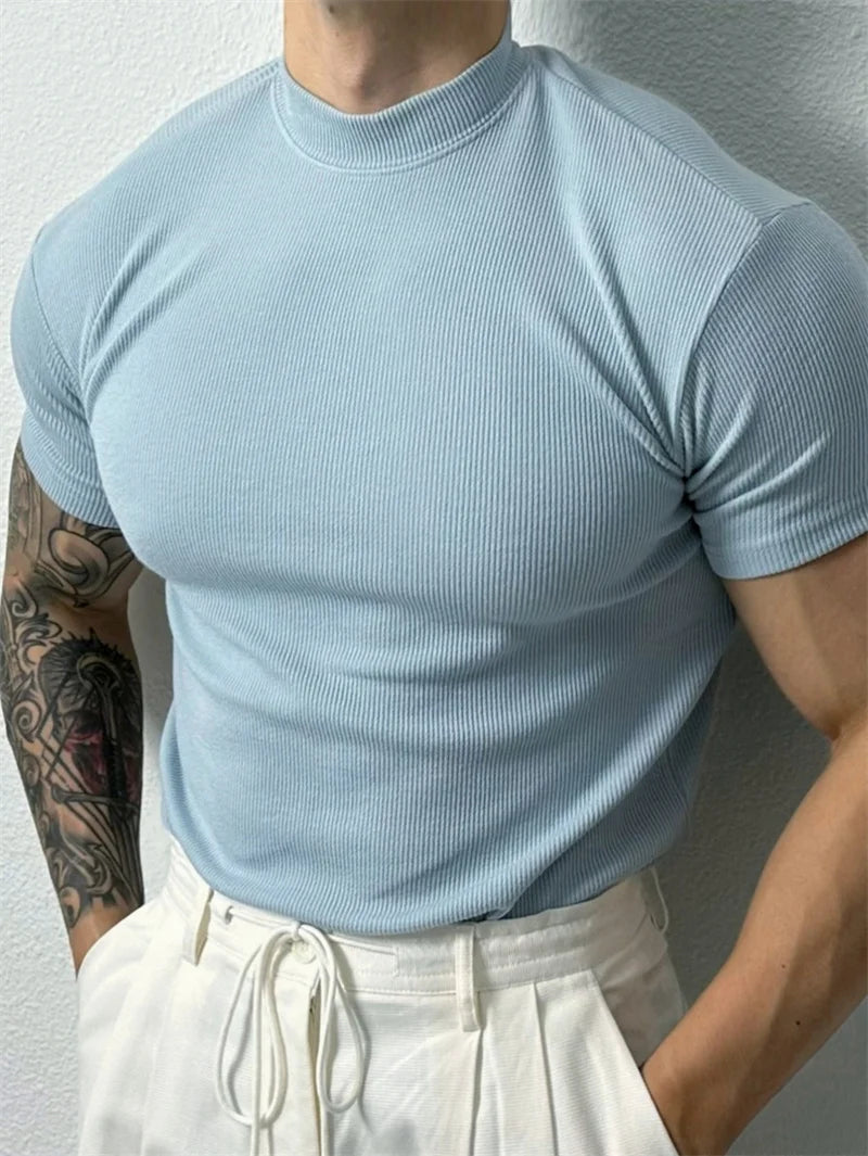 Mens High Collar Striped T Shirt Spring Summer Short Sleeve