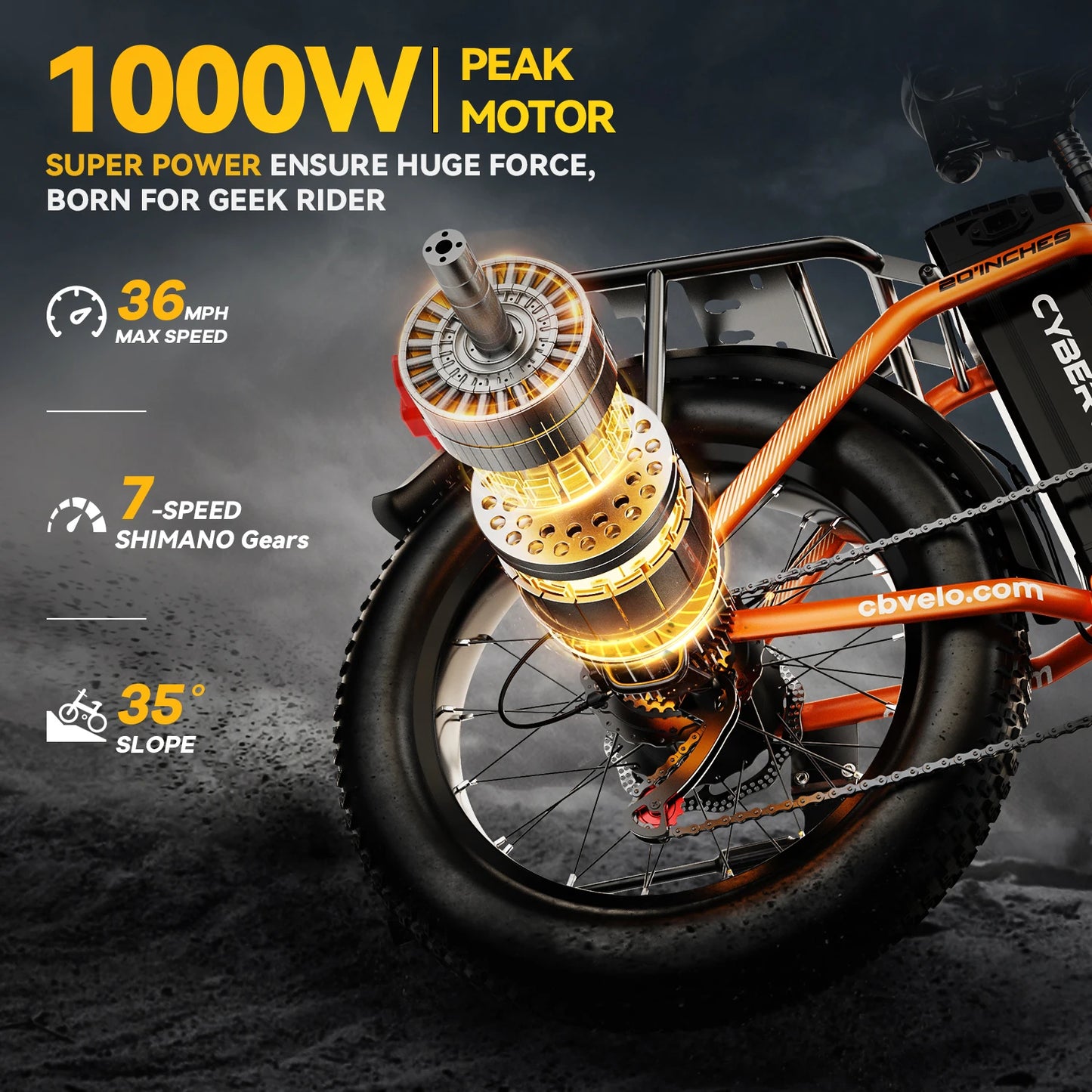 CYBERVELO 1000W Folding Electric Bike 48V 20Ah Removable Battery 80MileRange